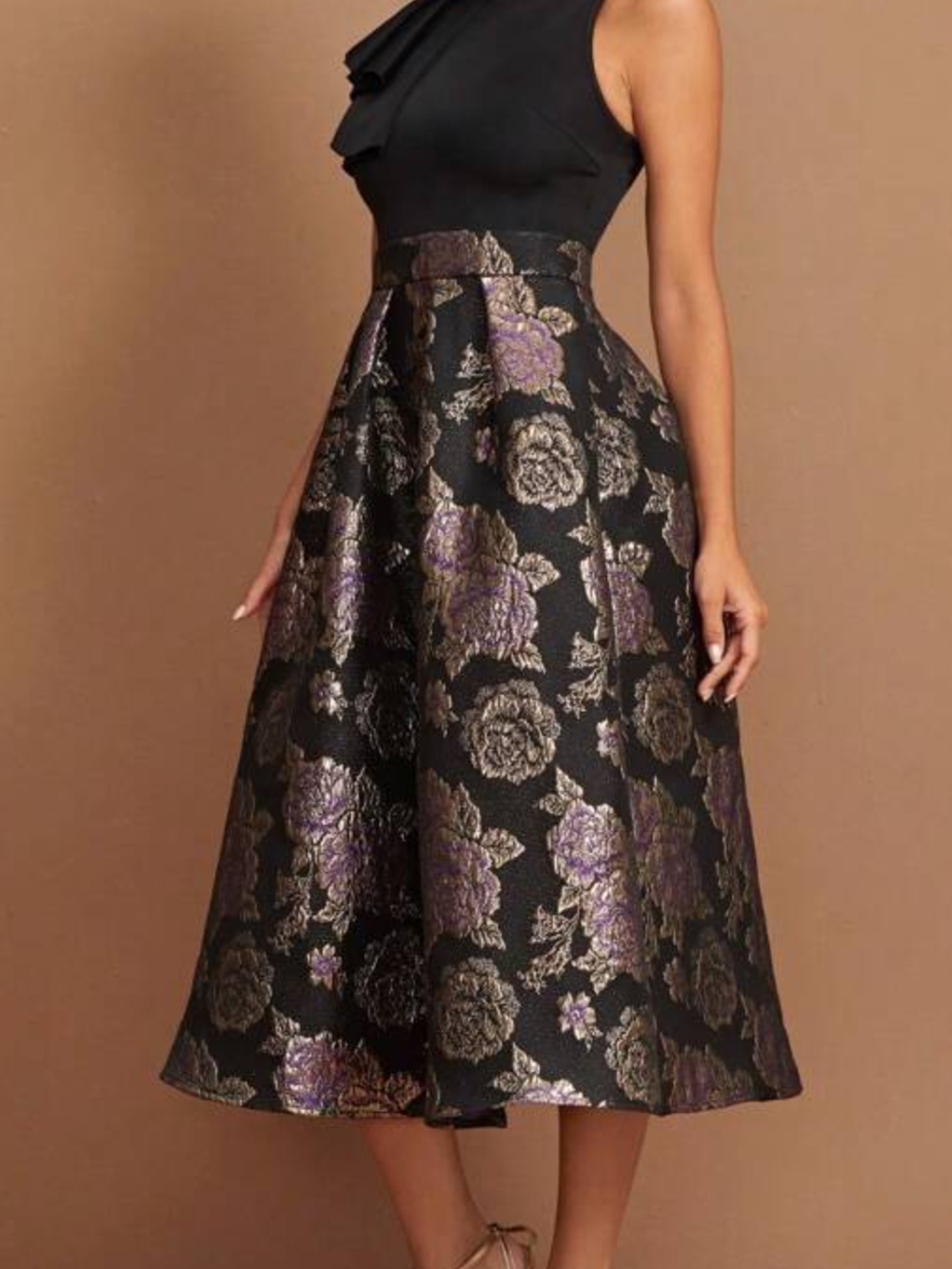 SHEIN Black & Purple Floral A-Line Midi Dress